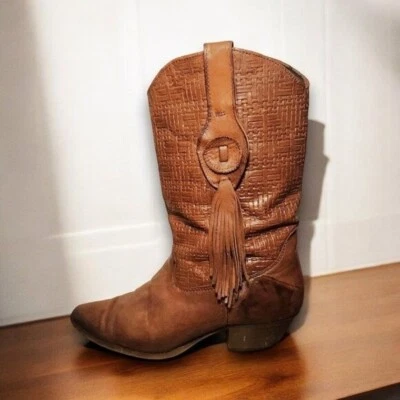 Vintage Heavily Distressed LAREDO Woven Leather Tassel Cowboy Boots - Image 1 of 4