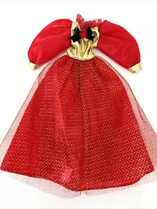 Vintage Weihnachten Barbie KLEID langes Kleid rot gold Schimmer Satin Spitze Urlaub - Bild 1 von 9