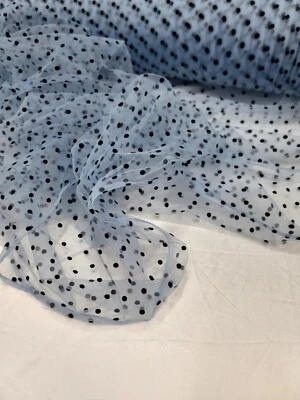 Vintage Sky Blue Tulle Black Velvet Polka Dot Pattern Lace Fabric By The Yard  - Image 1 of 4