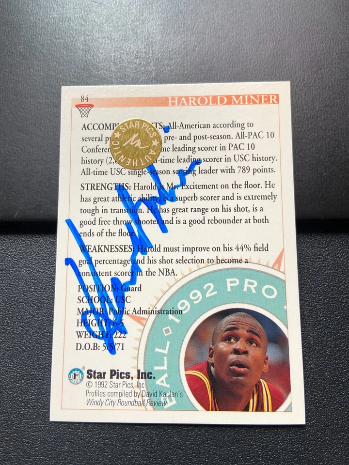 1992 Star Pics Autographs #84 Harold Miner "Baby Michael Jordan" - Image 1 of 1