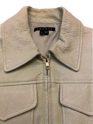 THEORY LAMBSKIN LEATHER NEON GREEN MOTO  CROPPED JACKET SZ 6 - Image 1 of 4