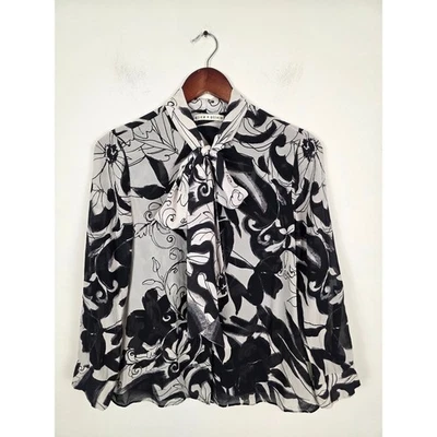 Блузка женская Alice + Olivia Abigail шелк с цветочным принтом бант вырез черный белый - Изображение 1 из 4