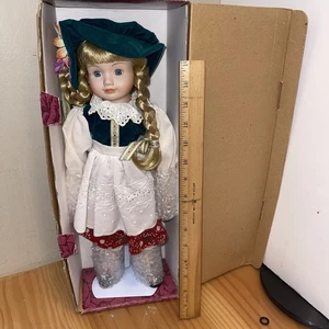 AYB Bridge Vintage 16" Porcelain Doll Lace dress Blonde Blue W/ Stand And Box - Photo 1/13