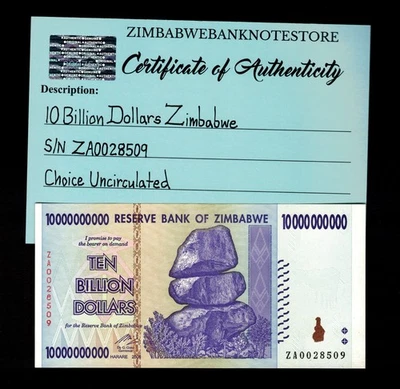 Auténtico billete de repuesto de 10 mil millones de dólares de Zimbabwe ZA 2008 UNC ZA0028509 Foto 1 de 3