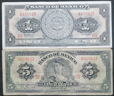 MEXICO 2 BANKNOTE LOT OF 1 PESO 1967 AZTEC CALENDAR AND 5 PESO 1961 GYPSY  - Image 1 of 2