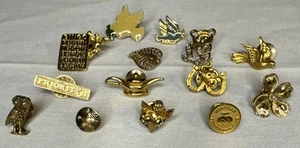 Vintage Lapel Pins Gold Tone Variety Lot of 14 Doves Peace Luck Bingo Owl Bear - Picture 1 of 10