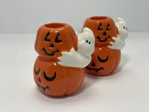 Vintage Set Of Halloween Jock-O-Lantern and Ghost Candle Holders.