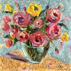 Roses Oil Painting Floral Original Art 16X16" Impasto Painting Flowers Art - Picture 1 of 10