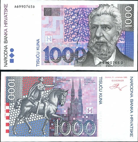 Croatia 1000 Kuna 1993 ND 1994 P 35 a UNC Cover