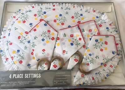 Vtg Floral Placemats Set Mats*Napkins & Rings Linen 12 Piece Set Retro 70’s New - Image 1 of 3