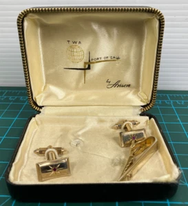 Vintage TWA Port of Call Star Gem Cufflink Tie Clip Set By Anson With Box - Picture 1 of 5