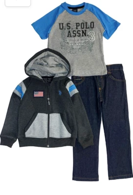 Conjunto de 3 piezas de sudadera con capucha, camiseta, jeans vaqueros de mezclilla para niños US Polo Assn elige la talla multicolor Foto 1 de 4