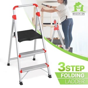 Folding Aluminum 3 Step Ladder[SAFETY BUCKLE LOCK] w/Wide 330lb Anti-Slip Pedal - Bild 1 von 10