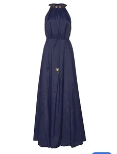 STAUD NWT Navy Halter Neck Benoit Maxi Dress with Golden Medallion, Sz Medium - Picture 1 of 4