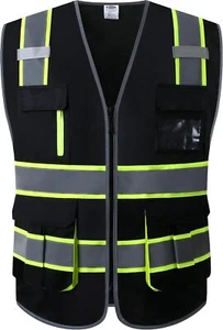 7 Pockets High Visibility Black Safety Vest For Men And Women Zipper Fr - Picture 1 of 5
