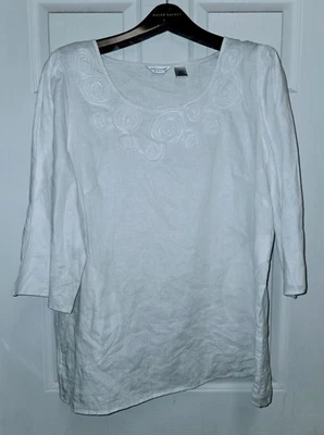 Túnica blanca Richard Malcolm 100 % lino irlandés bordada rosa manga 3/4 1X  Foto 1 de 4