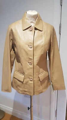 womens leather coat tan ladies beige short jacket medium size 12 brand new - Image 1 of 3