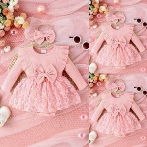 Newborn Baby Girls Ribbed Ruffle Mesh Romper Dress Set Headband Outfits Clothes - Picture 1 of 15