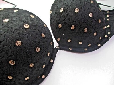 VICTORIA'S SECRET PINK Super Push Up Bra VS Black Lace Polka Dot 34C 36B 36C NWT - Image 1 of 3