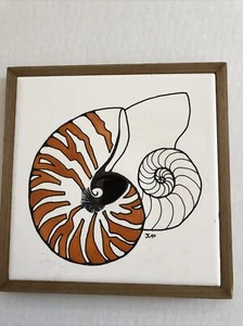 Vtg Hand painted Mako Wood Framed Seashell Trivet Tile Sea Shell Mollusk - Picture 1 of 8