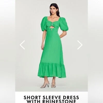 NWT Sandro Paris Falbala Rhinestone Embellished Cutout Green Midi Dress - Image 1 of 4