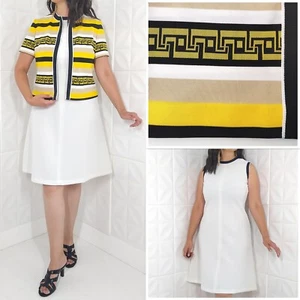 Vintage 70s Yellow Striped Set A-line White Dress Short Sleeve Jacket Poly Mod M - Picture 1 of 12