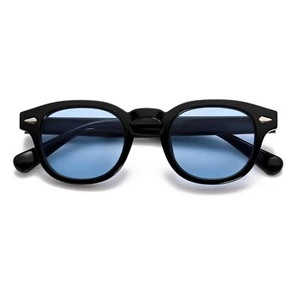 Trendy Men Women Blue Lens Black Frame Circle Beach Shades Round Sunglasses - Picture 1 of 7
