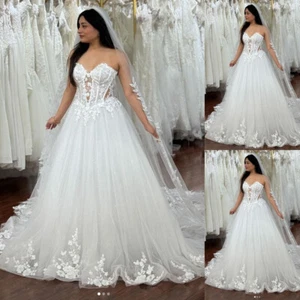 Elegant Wedding Dresses A Line Glitter White Ivory Lace Appliques Bridal Gowns - Picture 1 of 9