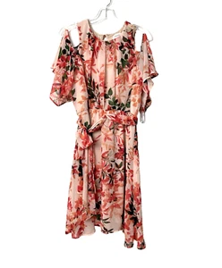 Calvin Klein Dress Size 10 Spring Floral Cold Shoulder Belt Chiffon Knee Length - Picture 1 of 15