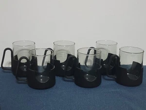 Set Of 6 Vintage Corning Glas-Snap Mugs Black Glassware Hot Cold Glass Snap - Picture 1 of 3