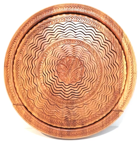 13" Hand Carved Himalayan Rosewood Serving Board Plate Collapsible Wooden Basket Cover