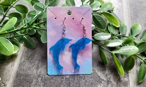 Dolphin Blue Glitter Earrings – Resin Sea Life Jewellery Y2K Punk Emo Gift - Picture 1 of 7