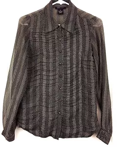 BCBGMAXAZRIA Blouse Shirt Button Pleated Collar Opaque Black Tan Chevron Size M - Picture 1 of 10