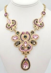 Sparkling Pink & Grey Rhinestones And Gold Tone Statement Necklace