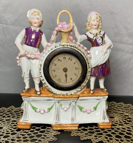 Antique  Vintage German Mantle Man and Woman Figurine Clock Purple Shimmer Roses Cover