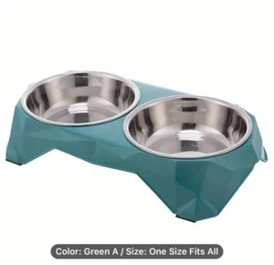 Double Stainless-Steel Pet Bowls Set Diamond Design Blue/Green Mixture - Picture 1 of 5