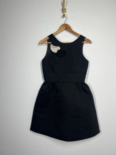 Mini abito Kate Spade nero aderente e svasato taglia 2 spille floreali rimovibili