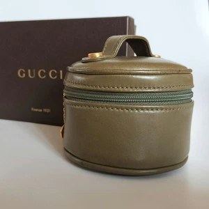 Gucci Small Pouch Round Suede Item Holder Dark Green Gold Used Vint - Picture 1 of 8