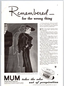 Advertising Print Ad 1935 Mum Takes the Odor Out of Perspiration Remembered - Picture 1 of 1