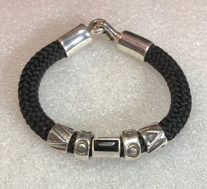 VTG Sterling Silver Bracelet Black Onyx Black Cord Brutalist 925 SZ6.25 27g 3247 - Picture 1 of 12