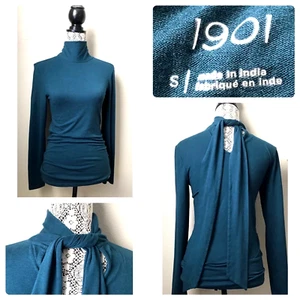 1901 Teal Blue Knit Top S Bow Tie Neck Mock Turtleneck - Picture 1 of 10