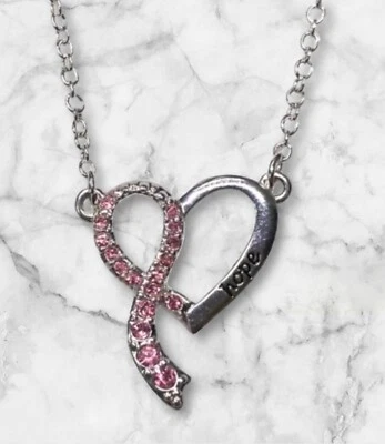 Avon Breast Cancer Crusade Heart Ribbon Necklace Silver Toned 2016 Brand New! - Image 1 of 4