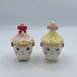 Vtg COMMODORE Anthropomorphic KETCHUP MUSTARD Pixie Condiment Jar Attached Spoon - Picture 1 of 6