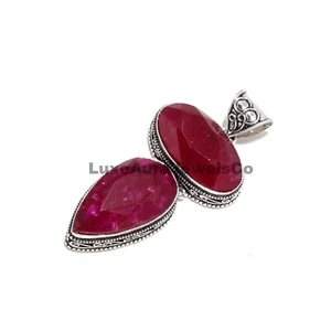 Pink Ruby Gemstone Handmade 925 Sterling Silver Jewelry 2 Stone Pendant - Picture 1 of 3