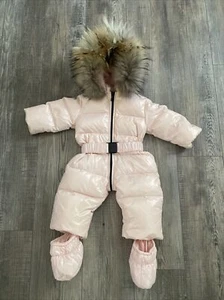 SAM. BABY Pink Blizzard Puffer Snowsuit 6/12M Goose Down Real Fur Raccoon Hood - Picture 1 of 11