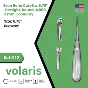 Set of 2 Brun Bone Curette, 6.75", Straight, Round, #000, 3 mm, Economy - Picture 1 of 5