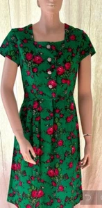 Vtg 60’s Floral BRIGHT Green & Pink Roses Cotton Dress Square Neckline Sz. M - Picture 1 of 9