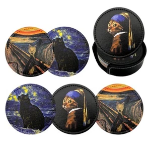 Cat Art Coasters for Drinks with Holder Leather Coasters Set of 6 for Coffee ... - Picture 1 of 6