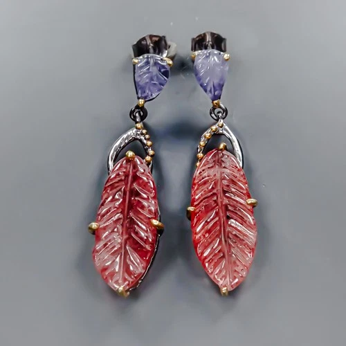 Pendientes de cuarzo fresa natural joyería piedras preciosas plata de ley 925/E128009 Foto 1 de 4