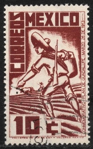 #738 SG605 used 1938 10¢ MEXICO Sowing farmer - Plan of Guadalupe, 25th anniv. - Picture 1 of 2